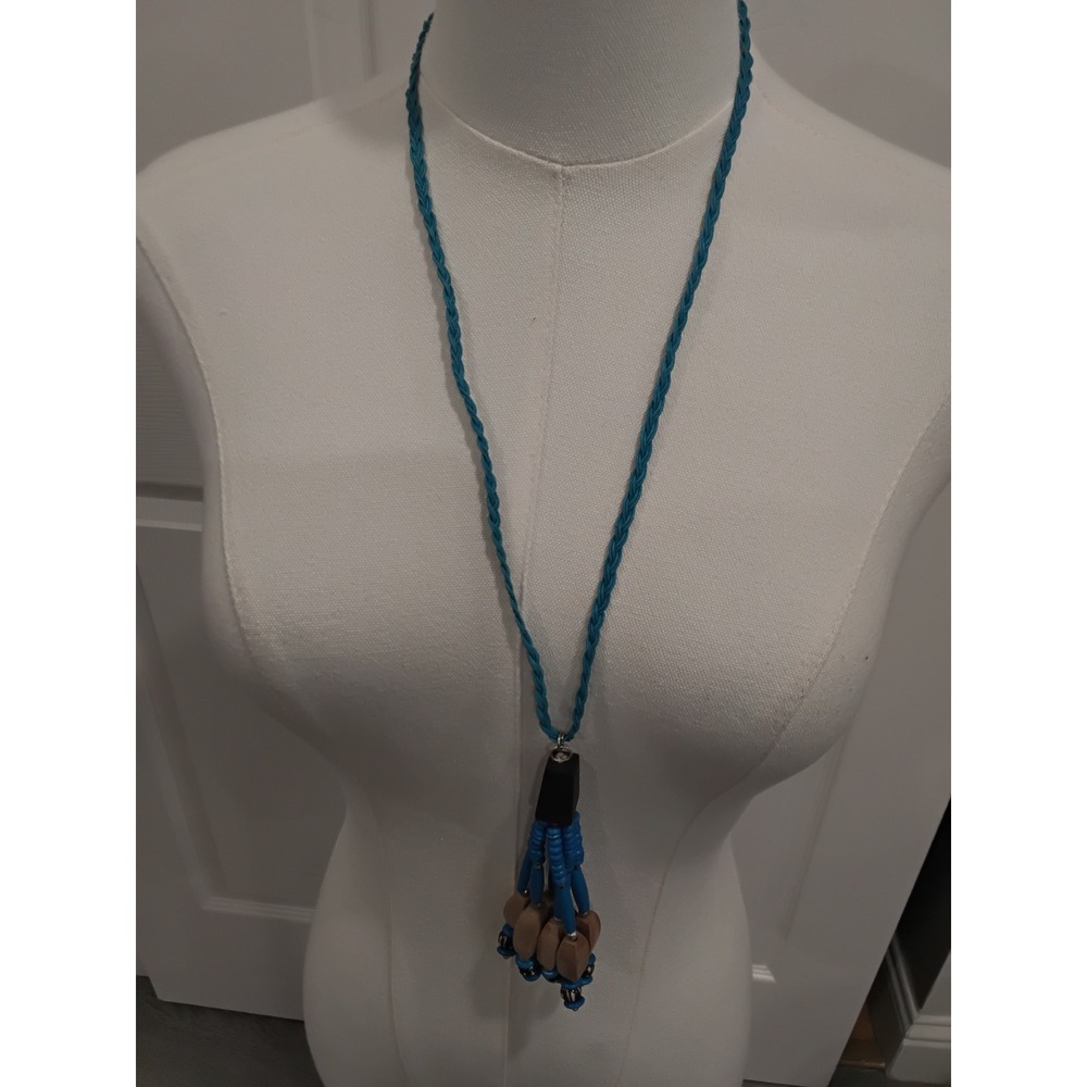 Boho Turquoise Blue‎ Braided Cord Long Tassel Necklace Wood Bead Jewelry